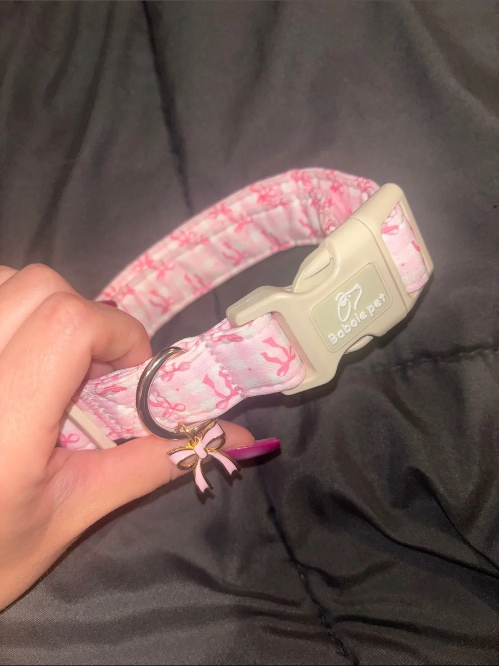 Pink Coquette Checkered Ribbon Print Dog Collar with Charm